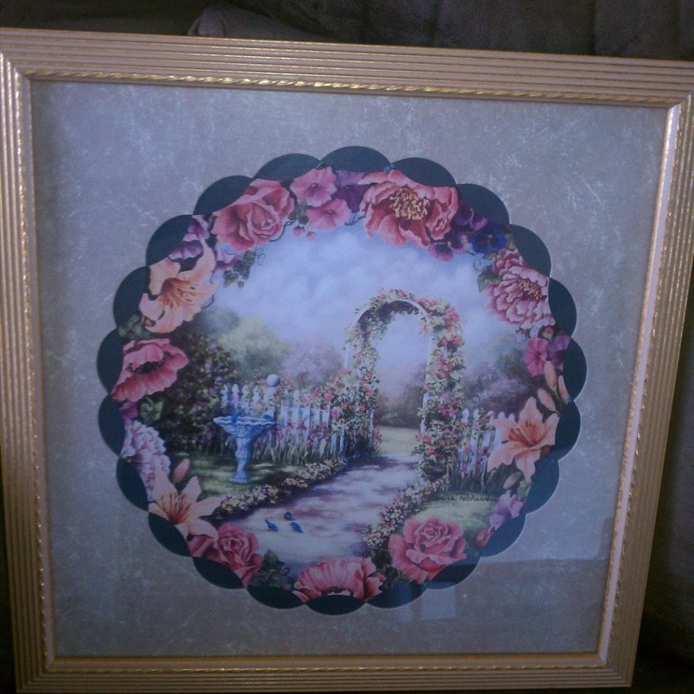 Homco Picture Floral Garden Donna Richardson Trellis Arch Bird Bath Home Interio